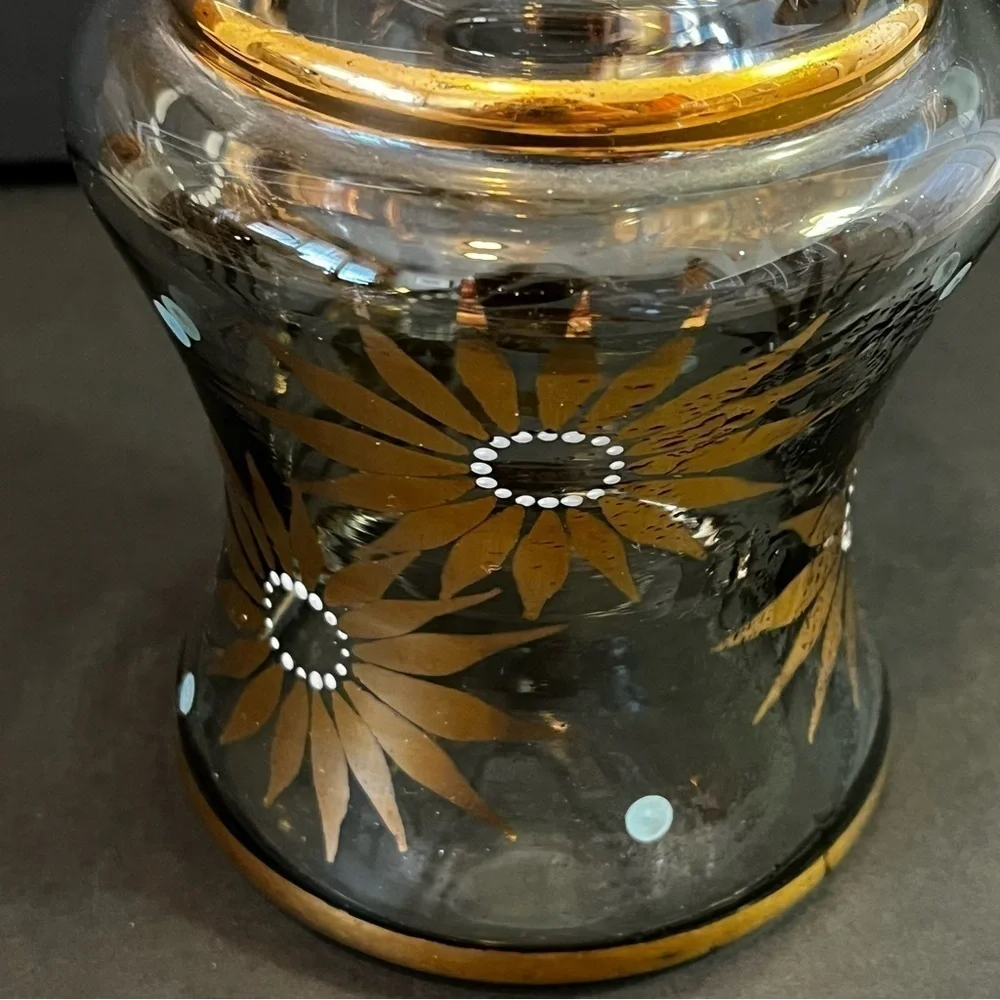 Floral Gold Gilt Glass Wine Liquor Decanter Mid Century Mad Men Bar Cart Painted